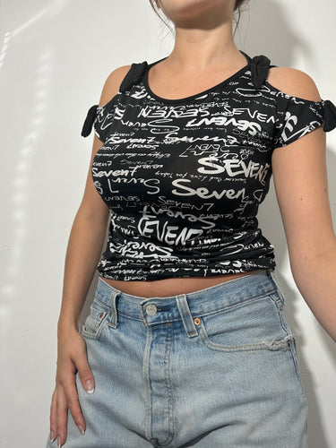 Black stretchy graphic text print tee (S/M)