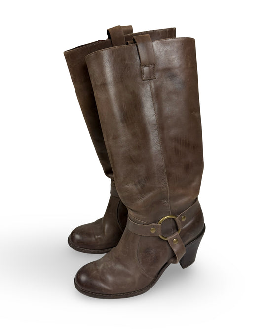 Brown buckle belt real leather knee high boots (36)