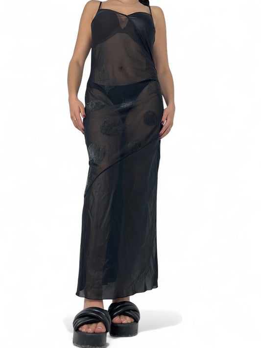 Black embroidered mesh maxi dress (S/M)