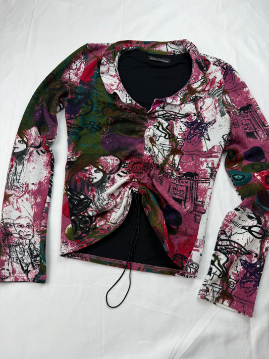 Burgundy graphic ruched long sleeves top (S/M)