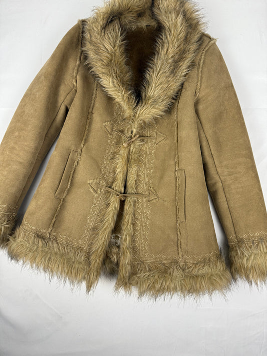 Beige inside fleece faux fur neck suede afghan coat (M/L)