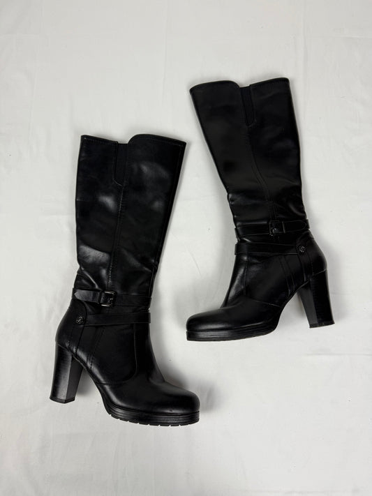 Black pvc leather heels knee high boots (38)