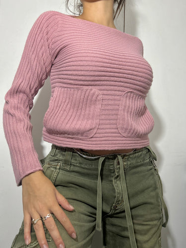 Baby pink ribbed knitted jumper with pockets (S)