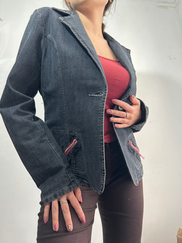 Denim grey pink zip blazer jacket y2k vintage (S/M)