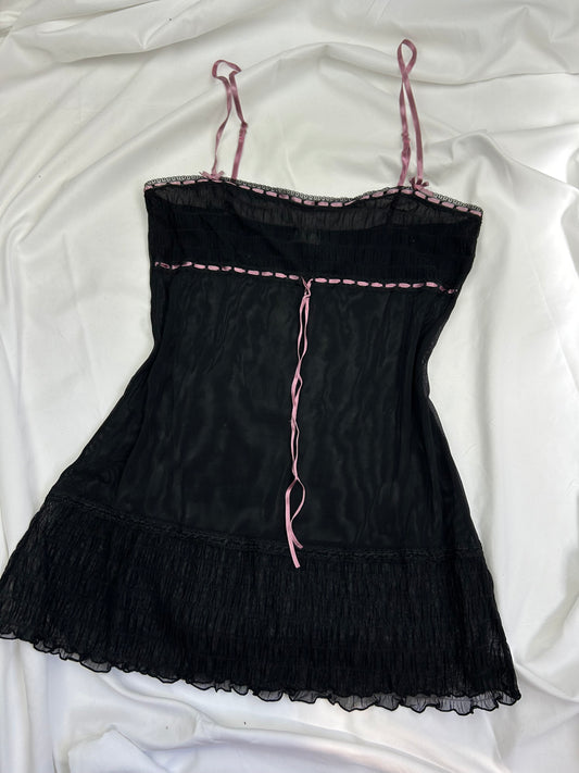 Black tie up mesh & pink bow babydoll cami top (M)
