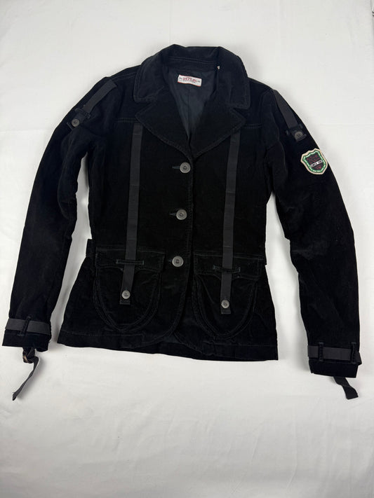Black velvet ribbed biker jacket (S)