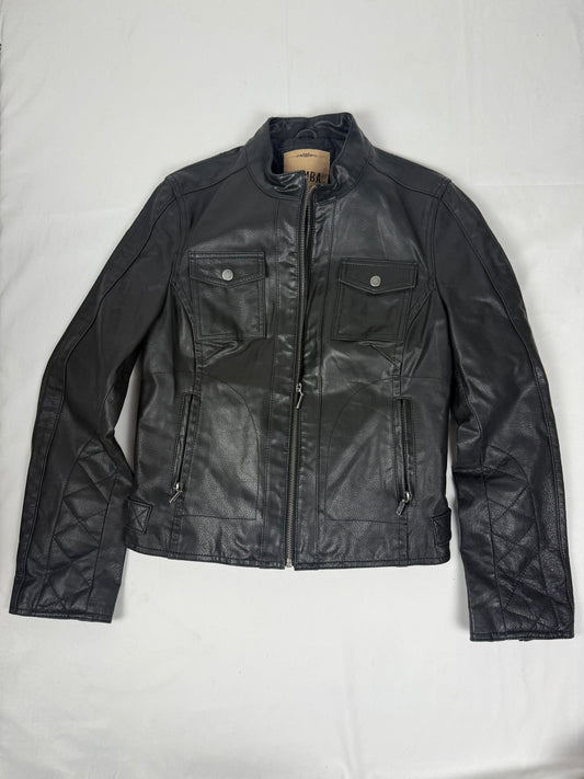 Black real leather zip up biker jacket (M)