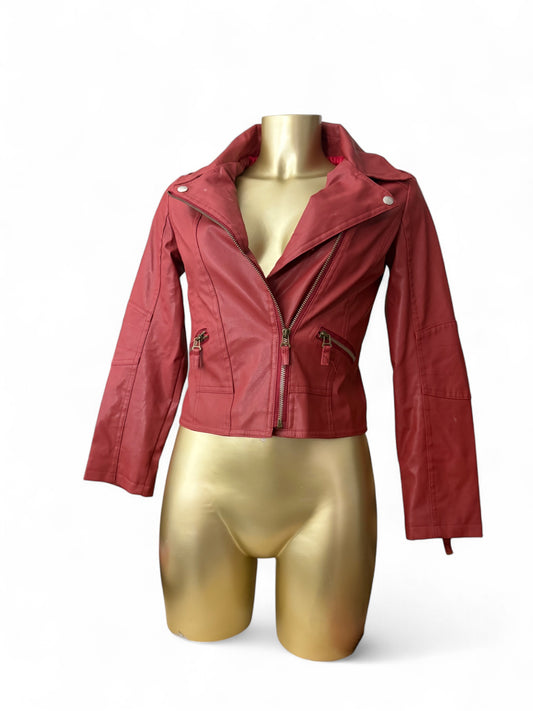 Red pvc leather zip up tight fit jacket (S)