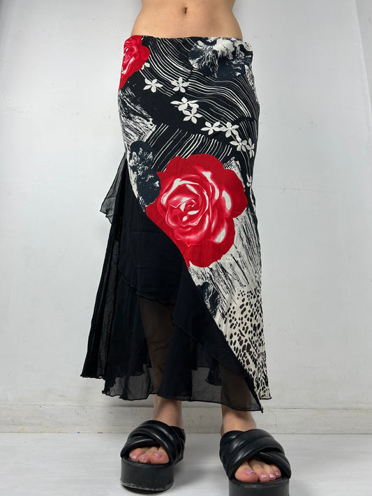 Black mesh lined floral maxi skirt (M)