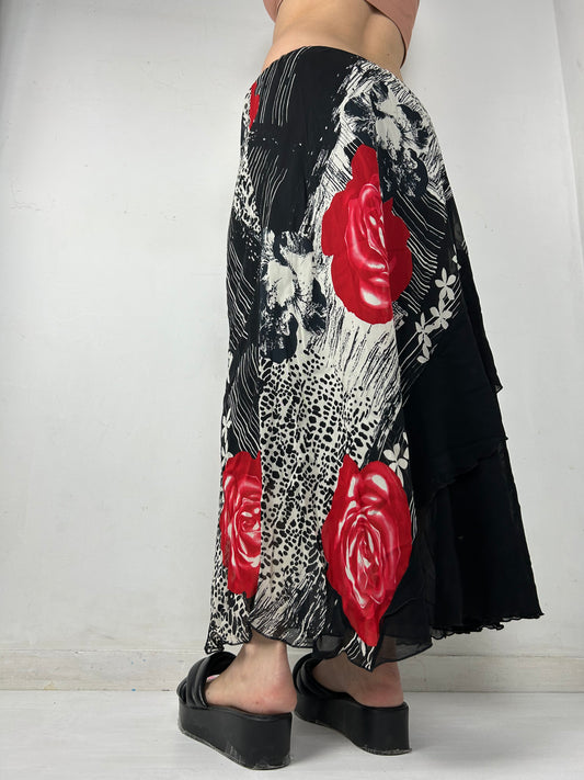 Black mesh lined floral maxi skirt (M)