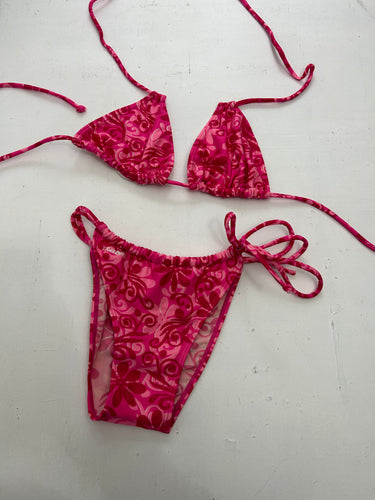 Adjustable red/ pink floral pink y2k vintage bikini set (S)
