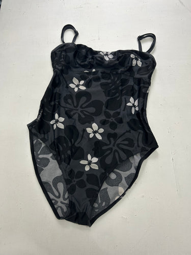 Black hibiscus Hawaii floral print backless bodysuit bikini (M)