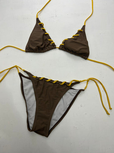 Brown & yellow  lace up adjustable y2k vintage bikini set (S)