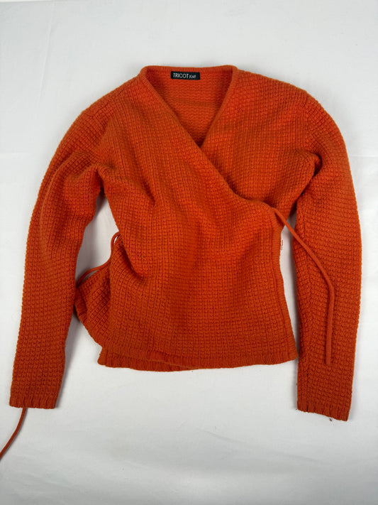 Orange knitted tie up cardigan jumper (S)