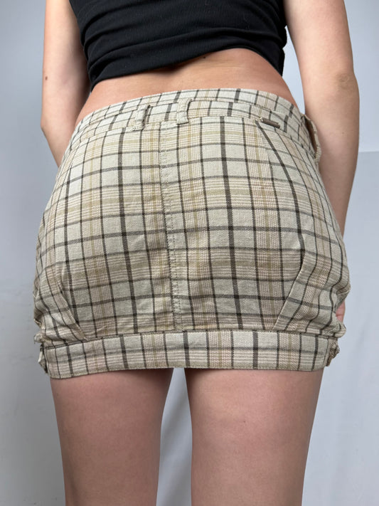 Brown check print low rise cotton mini skirt (M)