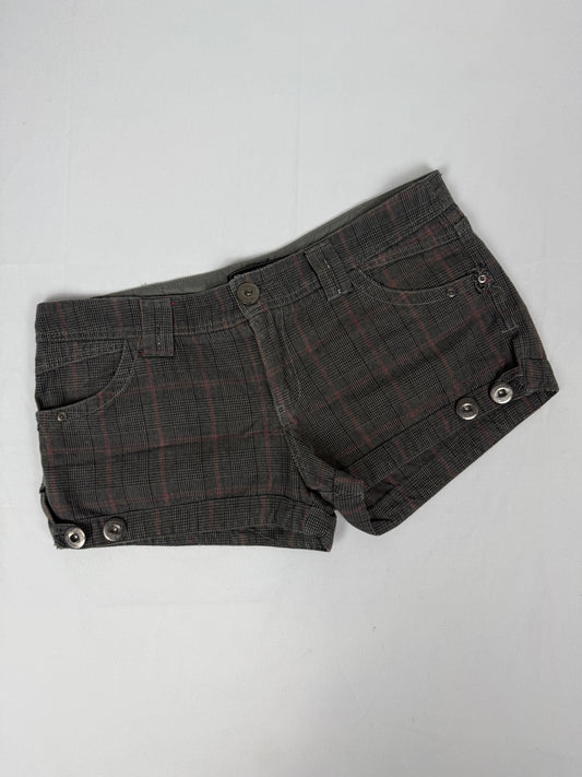 Brown check print low rise denim mini short (XL)