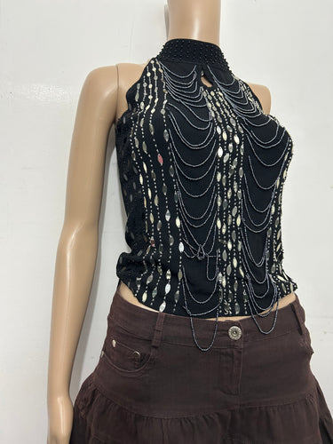 Black high neck pearls tank top 90s y2k vintage  (S/M)