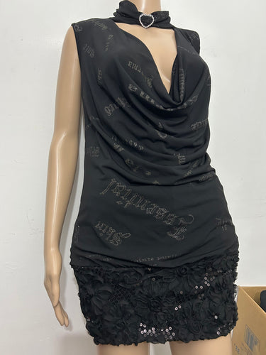 Black mesh 90s Y2K vintage grunge mini necklace dress (S/M)