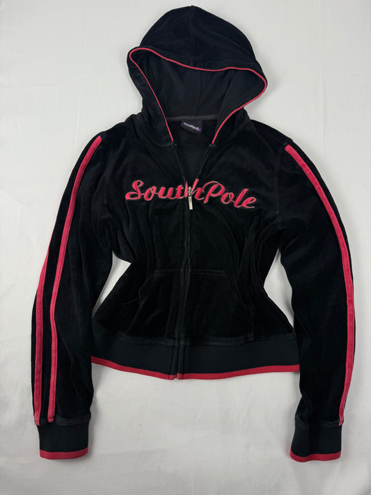 Black velvet zip up logo hoodie (S/M)