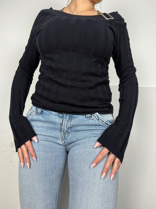 Black off shoulder buckle jumper (S/M)