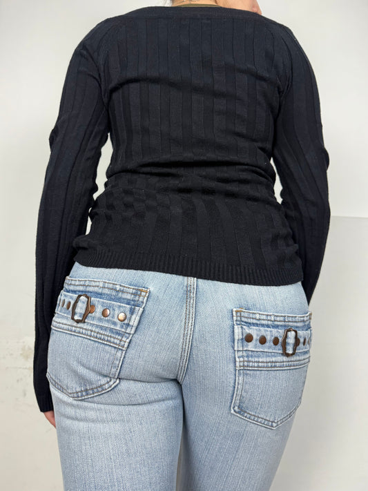 Black off shoulder buckle jumper (S/M)