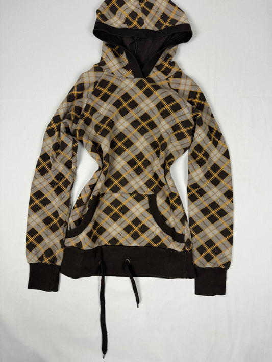 Brown check print cotton hoodie (S)