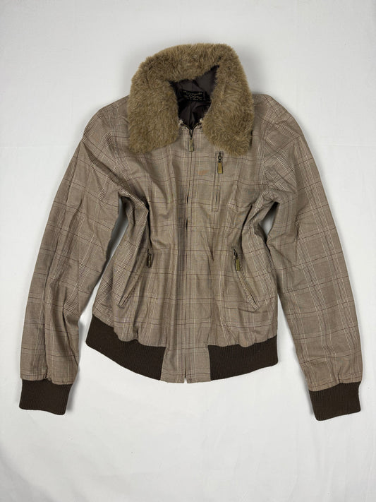Beige check print faux fur neck biker jacket (L)