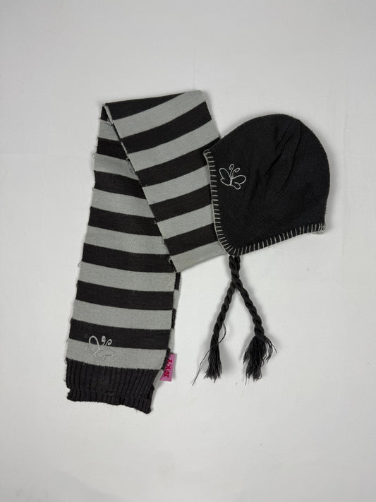 Grey striped winter scarf + beanie