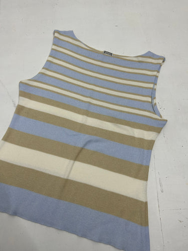 Baby blue & cream striped stretchy knitted top jumper y2k vintage (S/M)