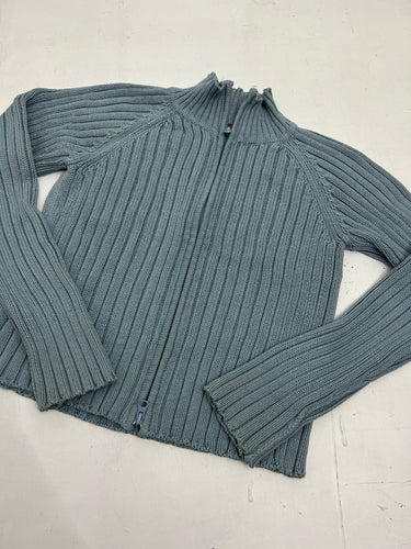 Baby blue ribbed zip up high neck coton jacket  jumper (S/M)