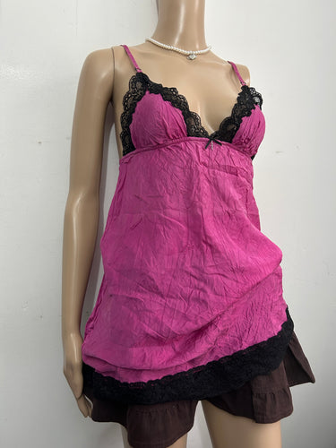 Pink & black lace mesh Y2K vintage lingerie babydoll mini dress (S)
