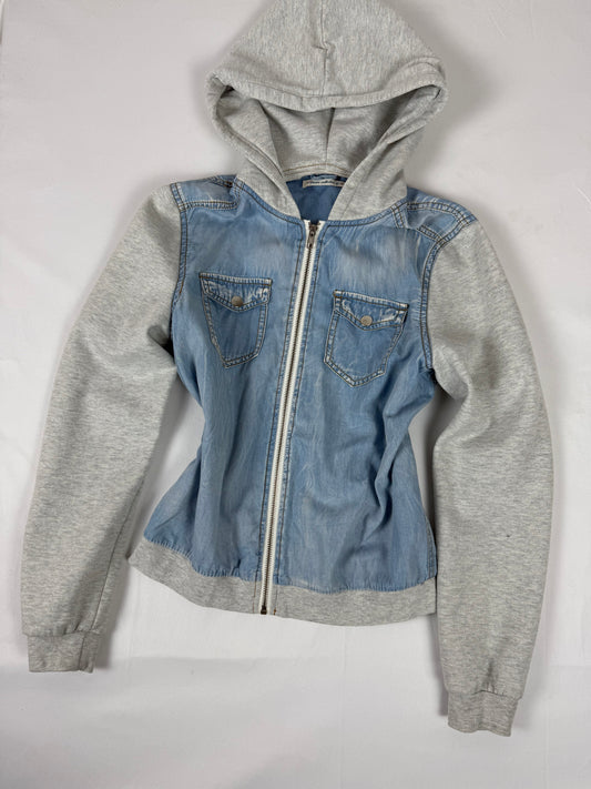 Grey denim hooded zip up jacket (M)