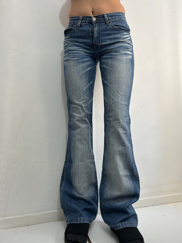 Blue washed denim low waisted 90s vintage bootcut flare pants (S)