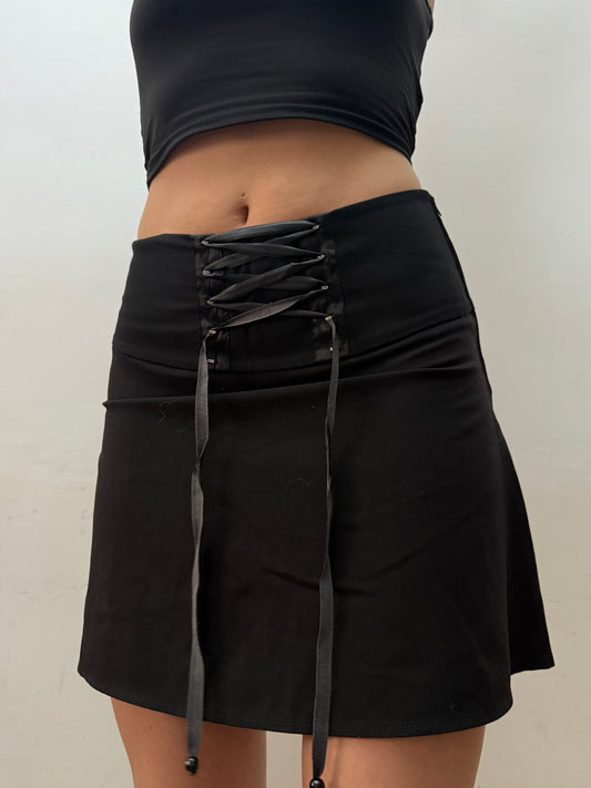 Black lace up mini pleated skirt (S)