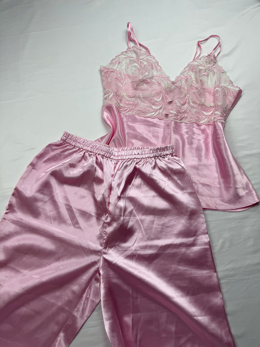 Baby pink silky floral mesh cami top + pants (M/L)