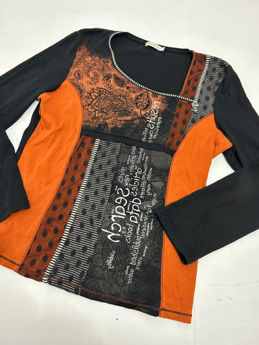 Brown & orange asymmetric neckline  long sleeves  top y2k vintage (S/M)
