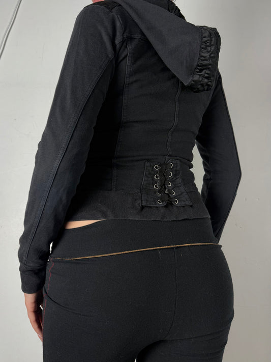 Black lace up tight fit zip up hoodie (XS)