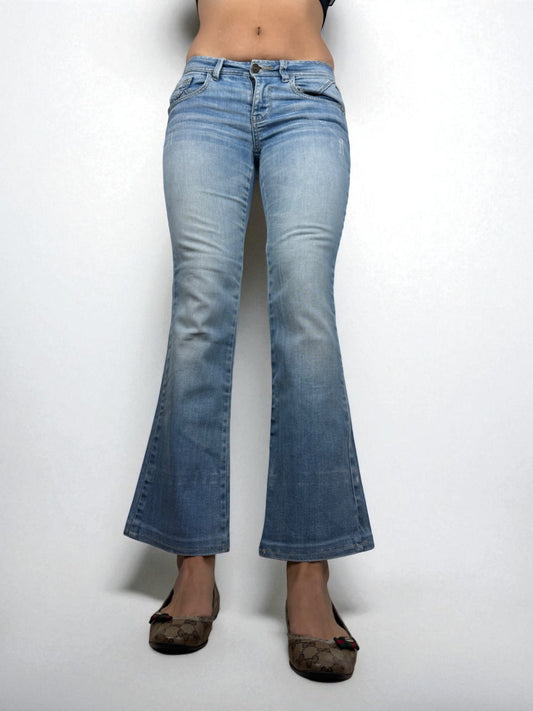 Blue denim low rise flared pants (XS)