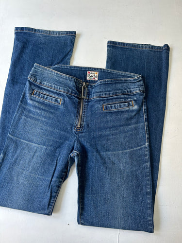 Blue denim zip mid waist 90s vintage flare bootcut pants (S)
