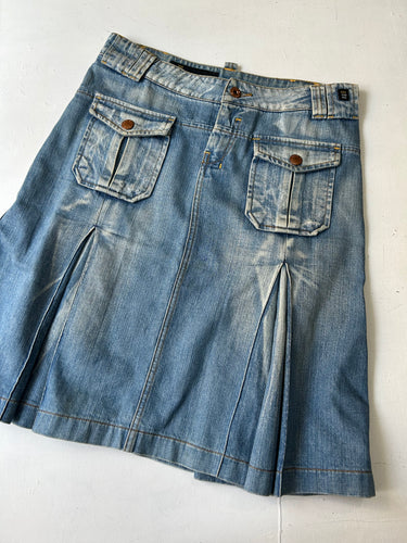 Blue denim low rise pleated mid skirt  90s y2k vintage (M)