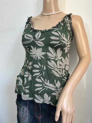 Floral print khaki cotton summer cami top (M)