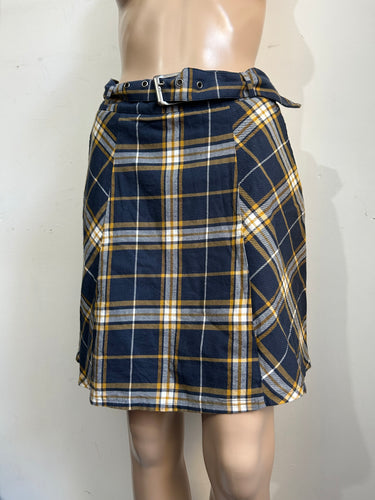Navy & beige  check low rise belt school mid skirt  90s y2k vintage (S)