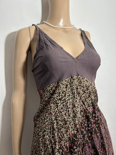 Brown khaki bi fabric floral print 90s Y2K vintage summer mid dress (S/M)