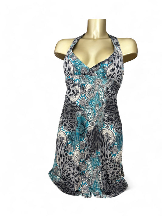 Blue graphic backless mini dress (S/M)