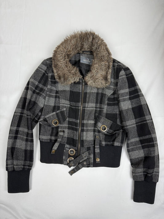 Black check print tight fit faux fur biker jacket (S)