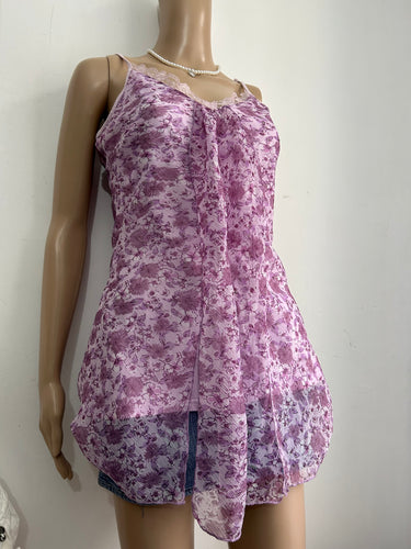Lilac purple mesh doubled floral print 90s Y2K vintage summer mini dress (S/M)