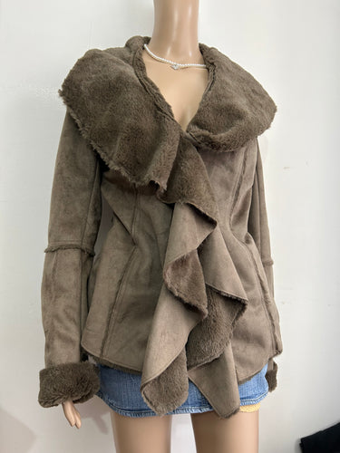 Khaki suede faux fur jacket coat 90s y2k vintage (M)