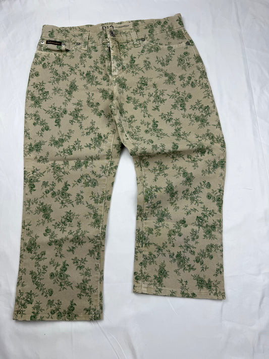 Khaki floral denim low rise capri pants (S)