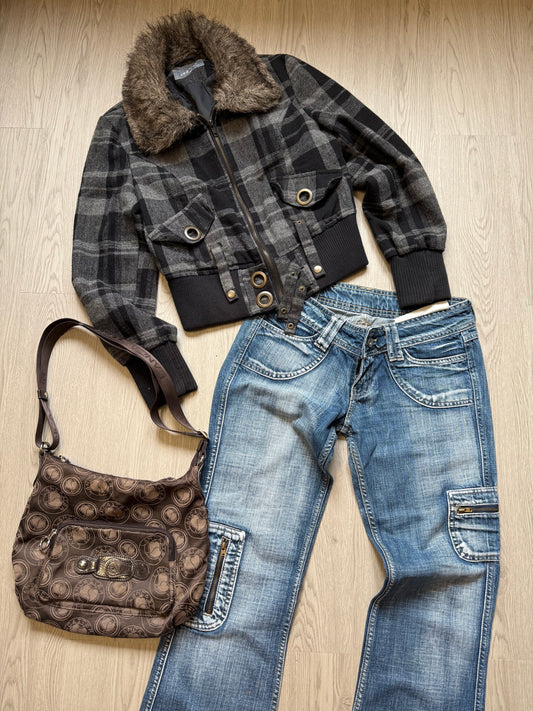 Black check print tight fit faux fur biker jacket (S)