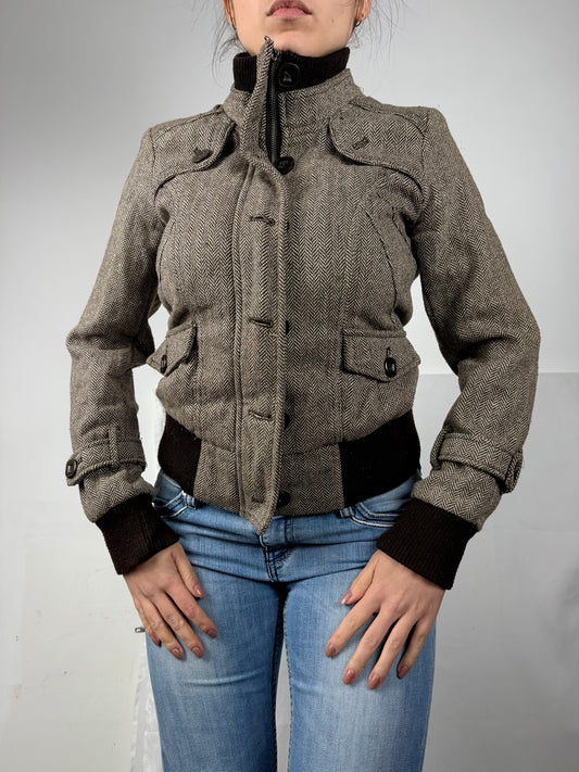 Brown check print biker jacket (M)